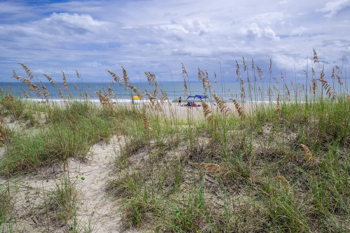 A tranquil exterior scene showing beach grass waving in the foreground, the ocean stretching beyond, and a few people enjoying the sandy shoreline under a cloudy sky. The elements evoke the atmosphere of a beach escape, emphasizing the call of sandy strolls and natural beauty.